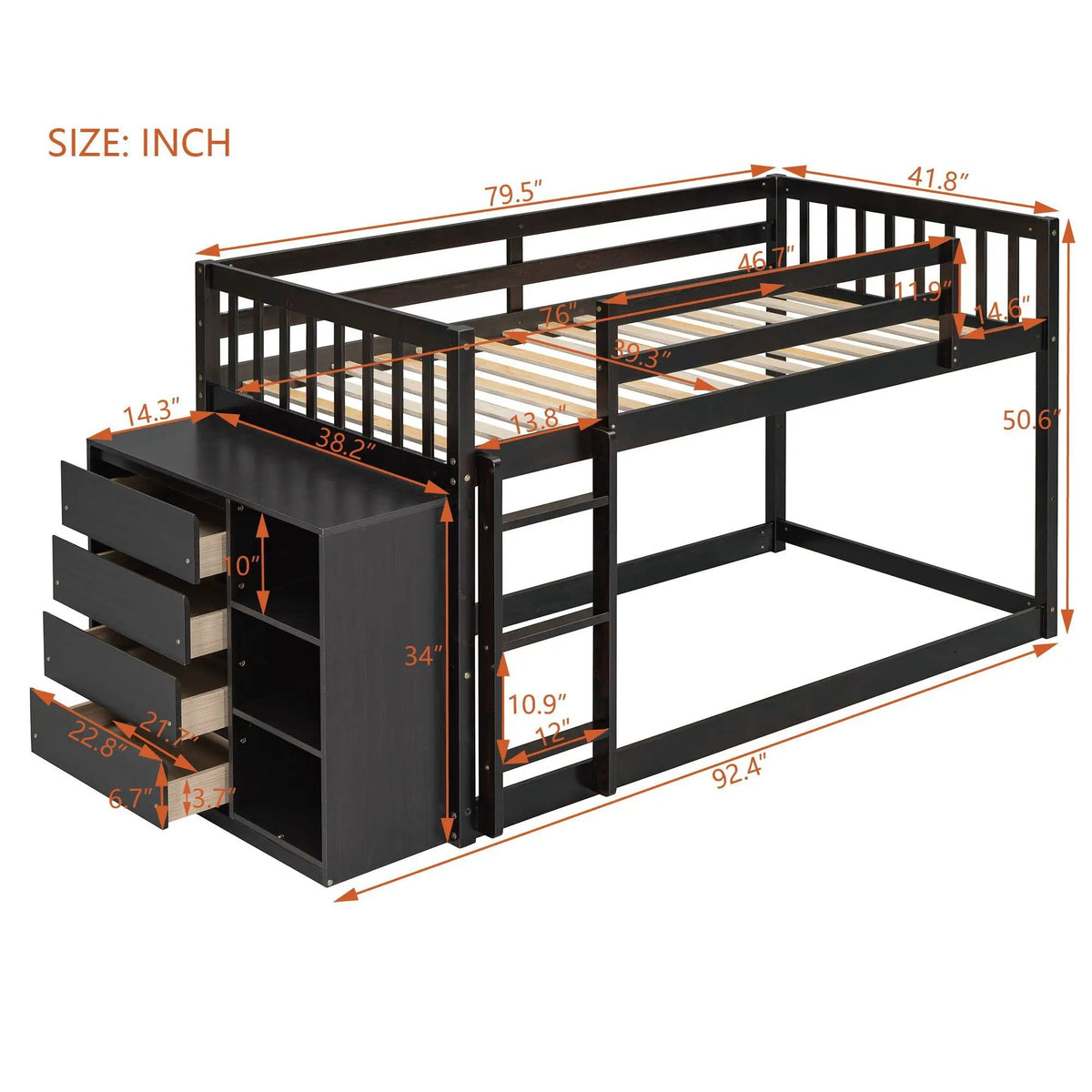 Bunk Bed | Solid Pine Frame | Four Drawers And Three Shelves | Full Size