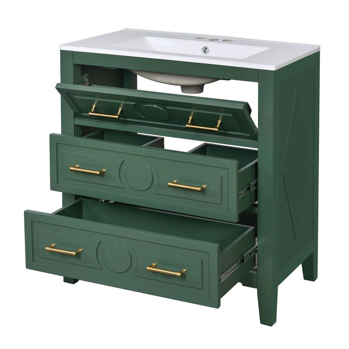 30 Inch Retro Bathroom Vanity | Free Standing Single Set | 3 Drawers | Solid Wood Frame