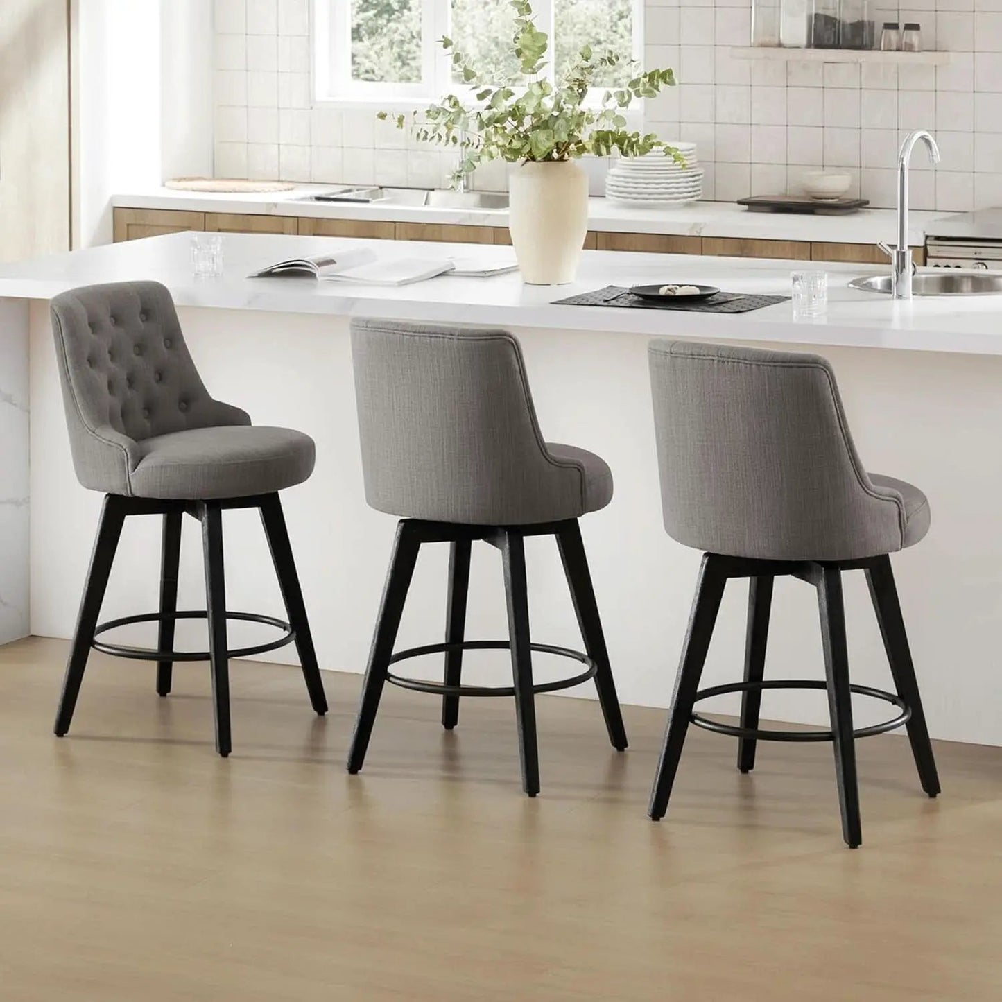 Flint Grey Upholstered Swivel Bar Stool 26 Inch Set Of 2 from PriceLows™