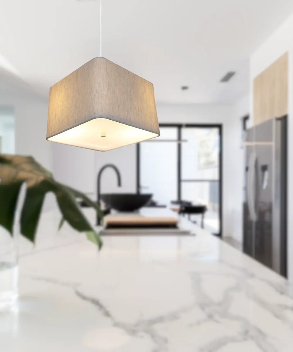 2 Light Pendant | 12 Inch Square | Oatmeal Drum Shade | White Cord