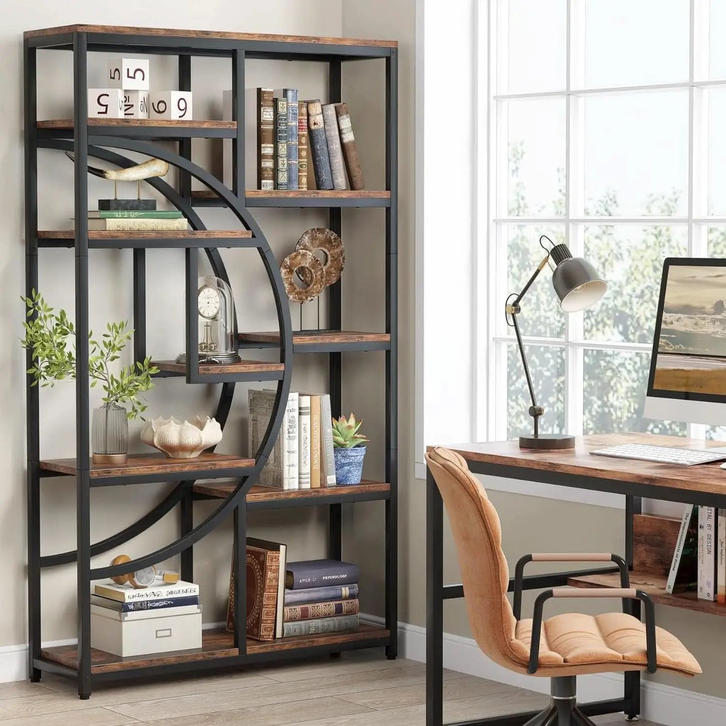 Industrial 5 Tier Etagere Bookcase Brown Rustic Finish from PriceLows™