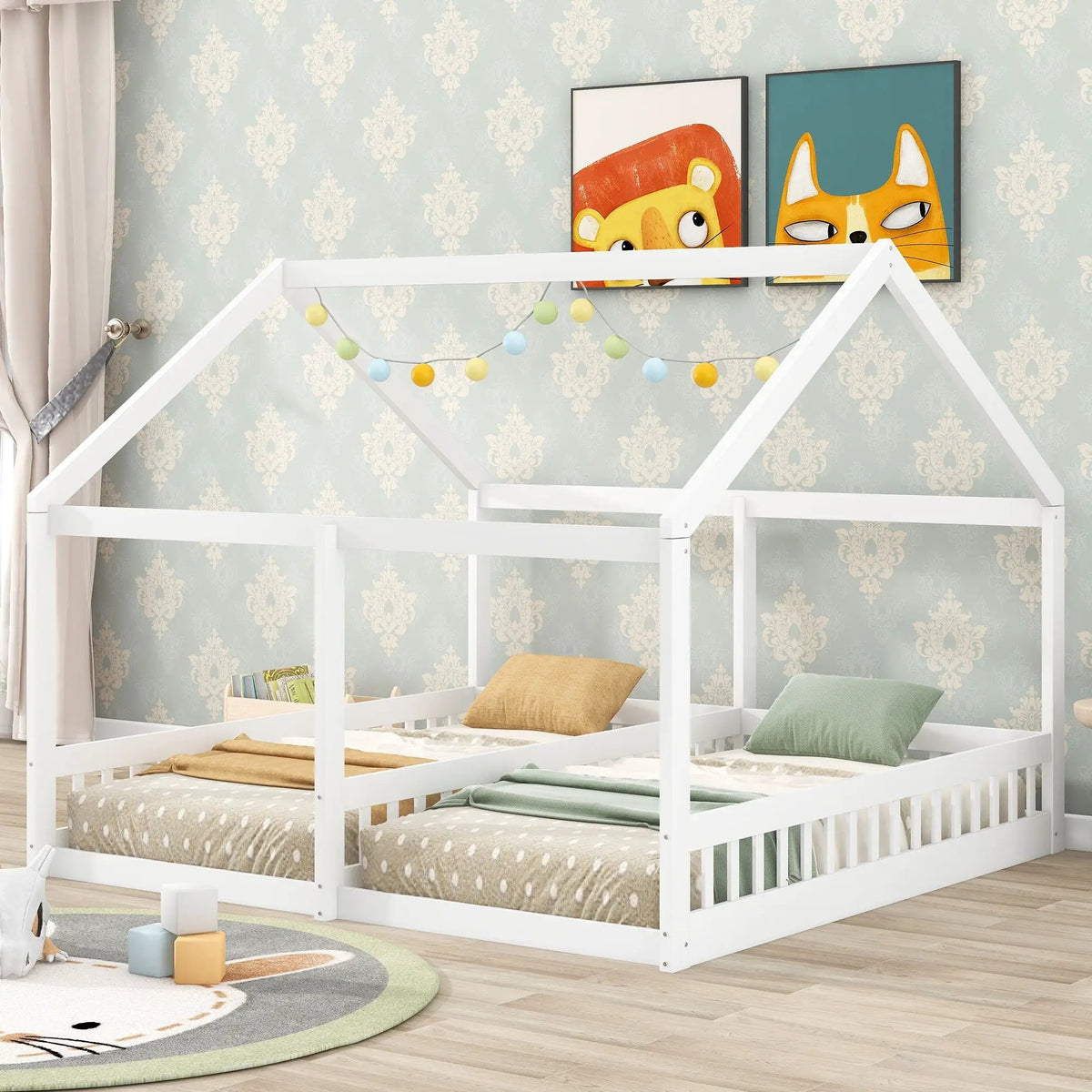 House Platform Bed | Solid Steel Frame | Twin Shared Bunks | Built In Guards