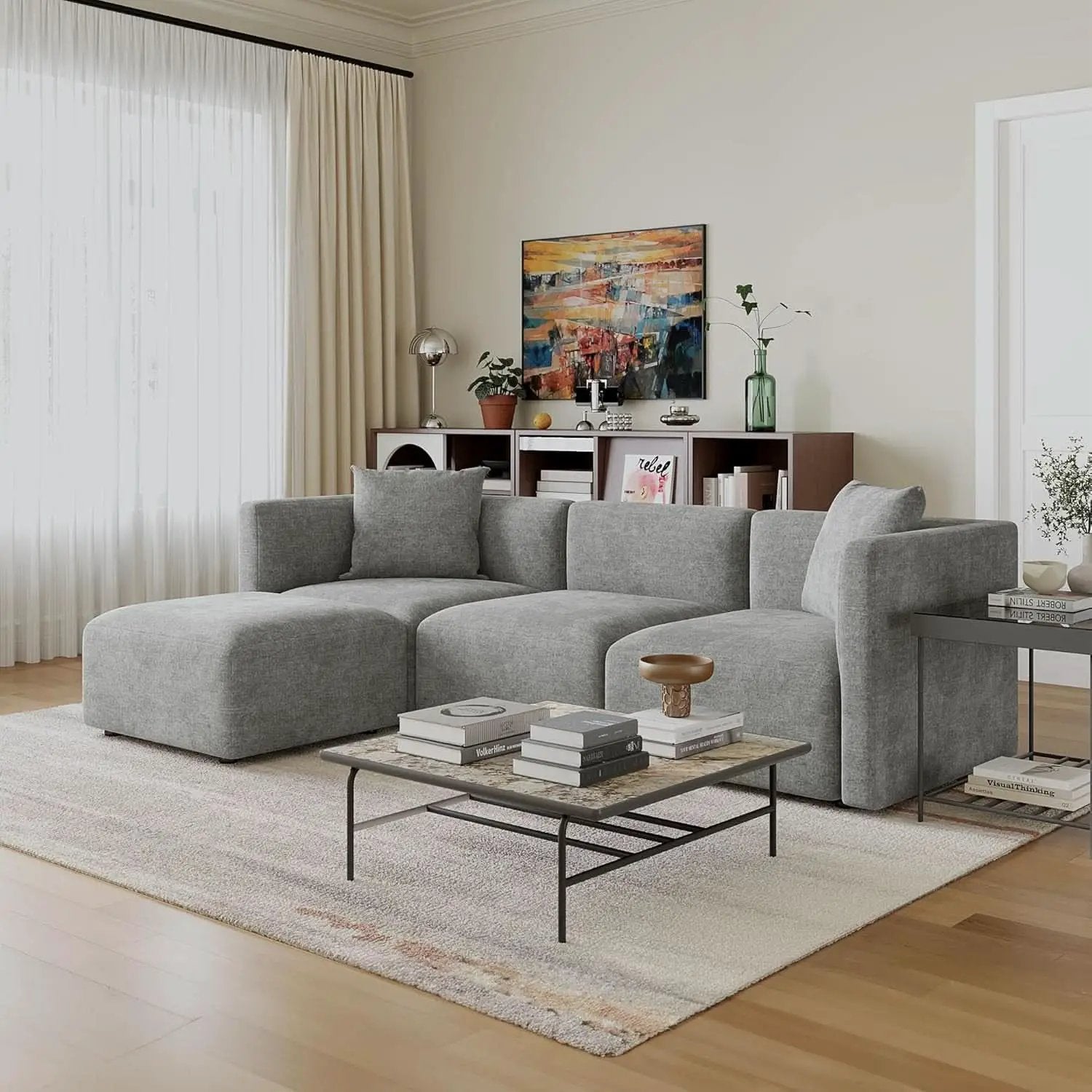 L Shaped Sectional Sofa Convertible In Linen Grey Modern from PriceLows™