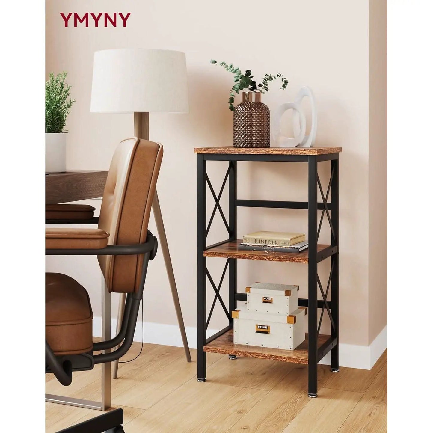 3 Tier Bookcase Industrial Metal Bookshelf With Side Fence in Rustic Brown Living Room Storage Display from PriceLows™