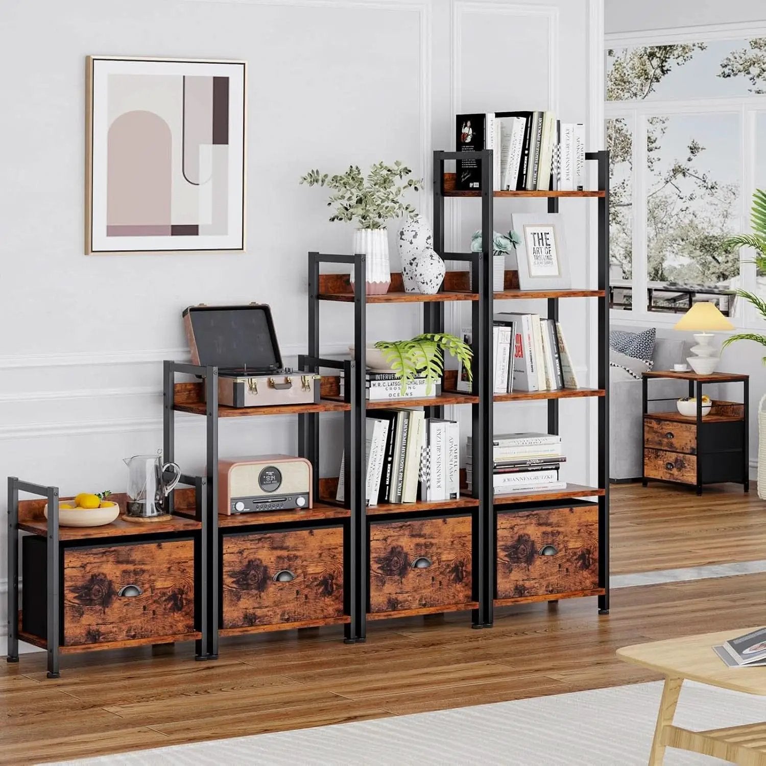 5 Tier Bookshelf With Drawer Tall Narrow Wood Bookcase from PriceLows™