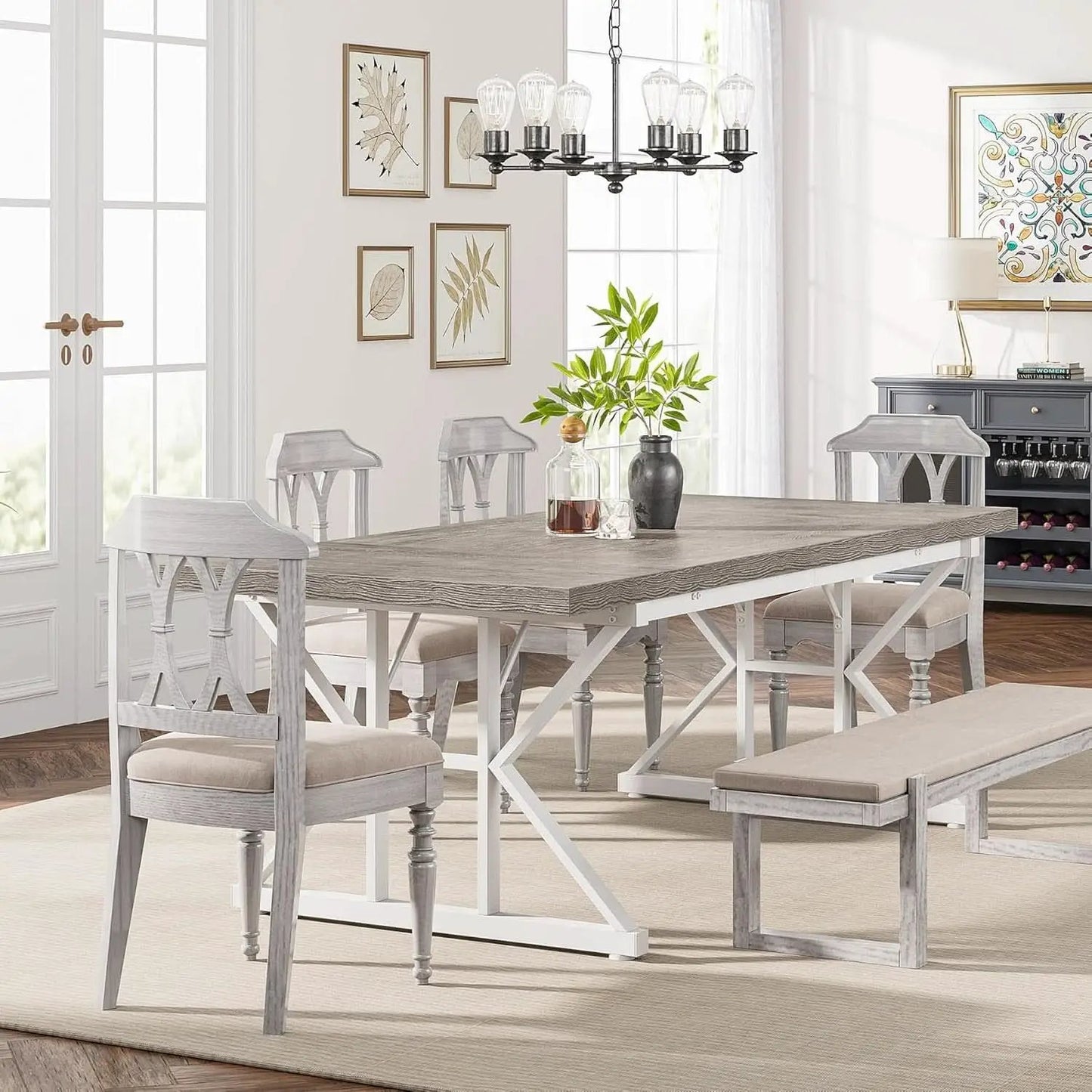 Farmhouse 6 Person Dining Table 70.8 Inch Grey Wood Table from PriceLows™