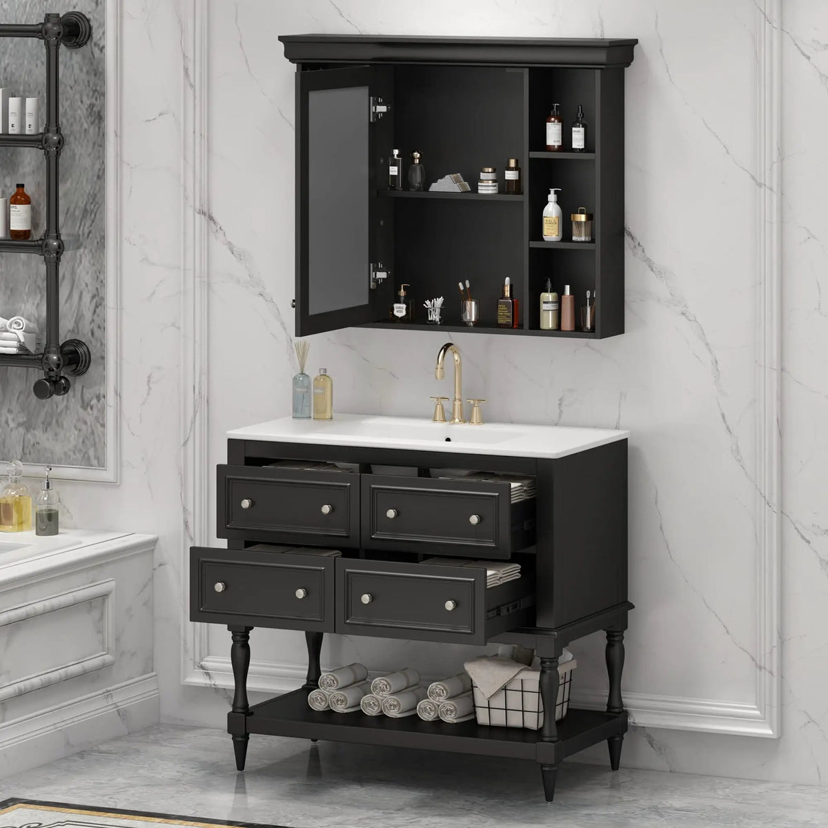 Bathroom Vanity With Medicine Cabinet | 4 Extension Drawers | Adjustable Shelf Mirror | Solid Wood Frame