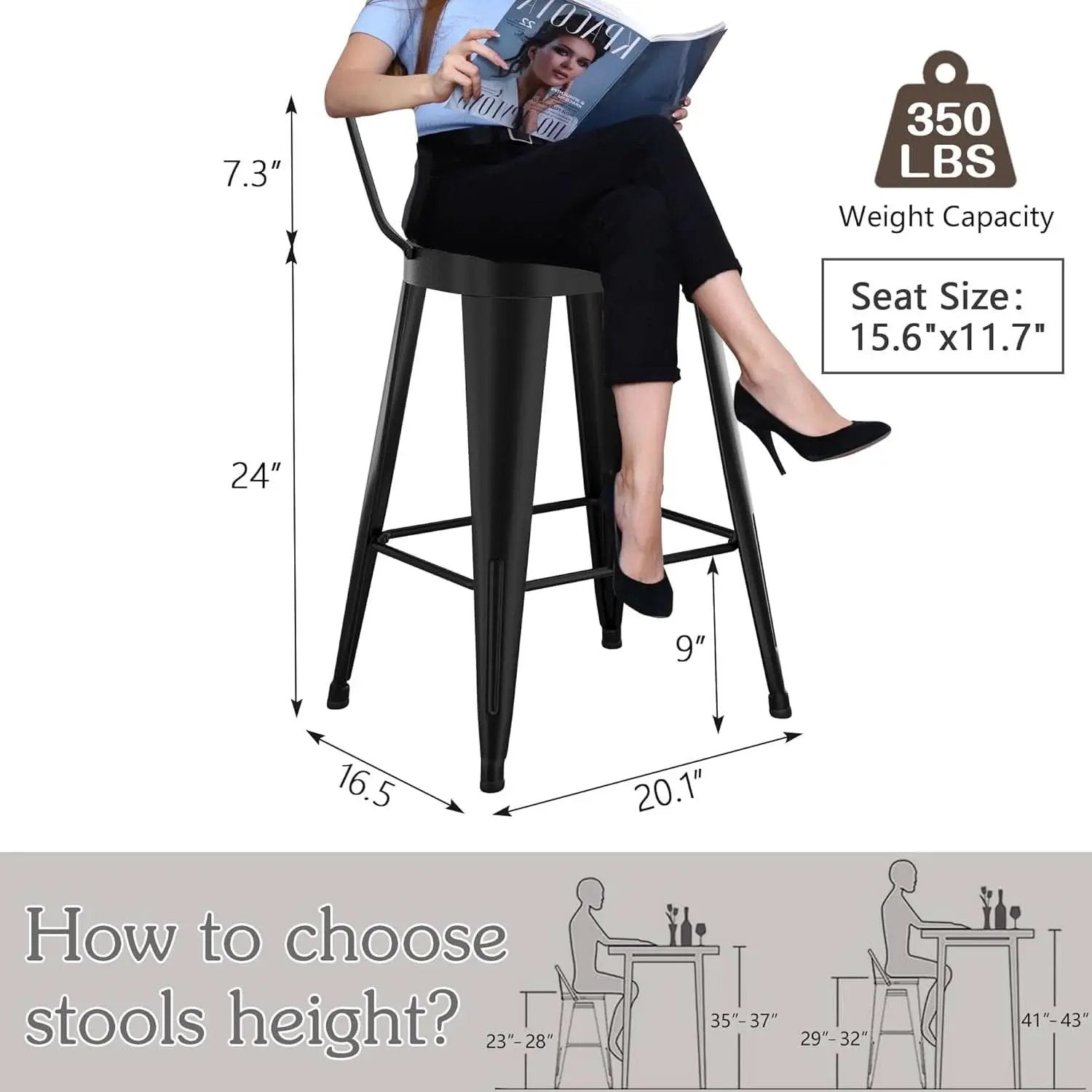 24 Inch Black Outdoor Metal Bar Stools Set of 4 Counter Height Large Ergonomic Seats from PriceLows™