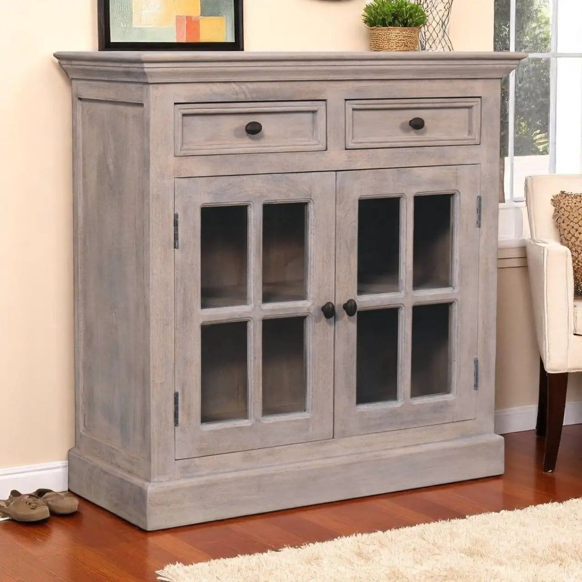 Cabinet With Glazed Doors | 2 Pieces | Solid Wood & Brass | Living Room