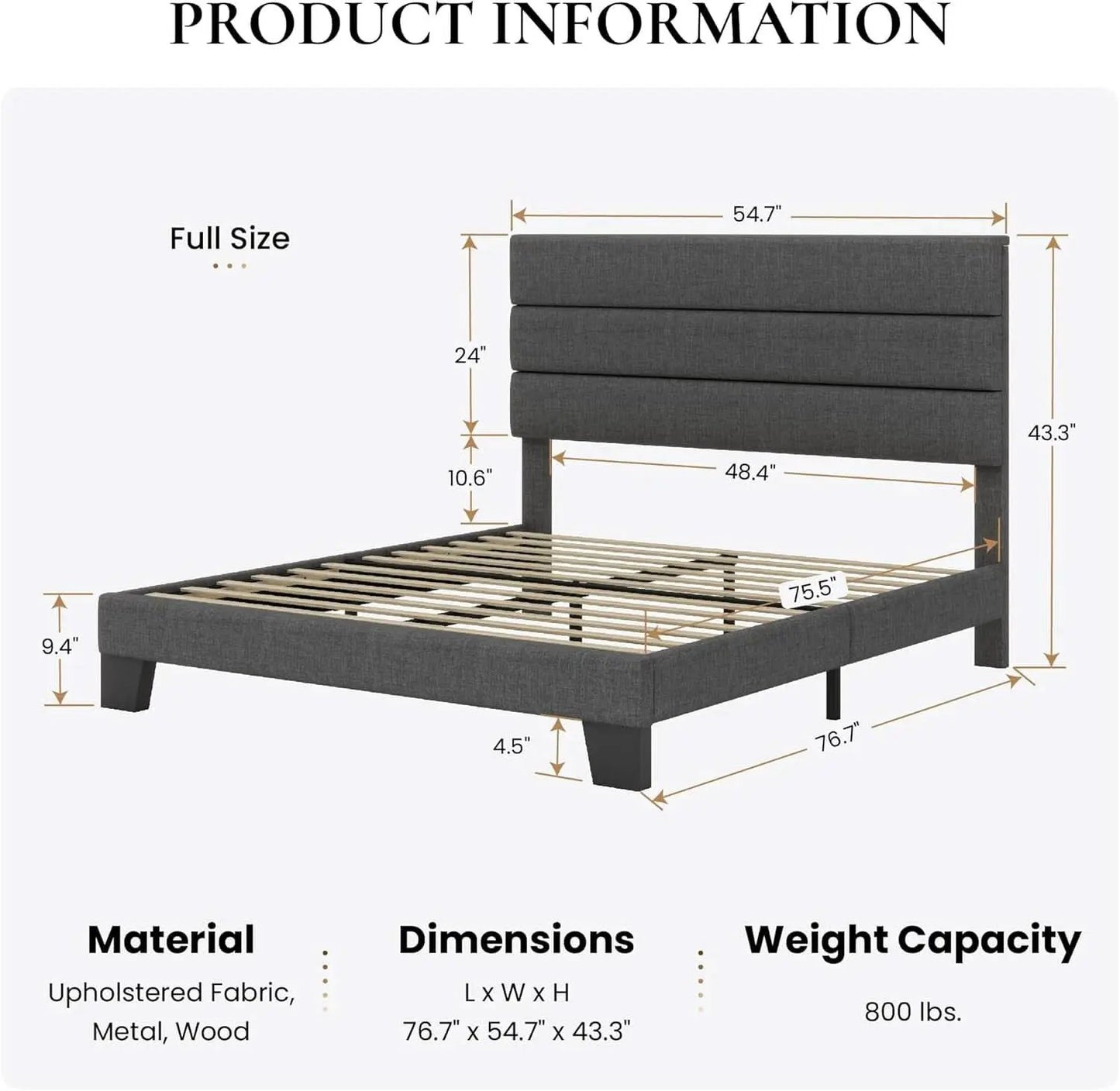 Full Size Upholstered Bed Frame With Grey Headboard from PriceLows™