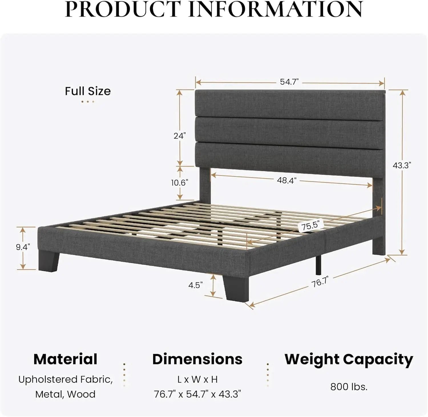 Full Size Upholstered Bed Frame With Grey Headboard from PriceLows™