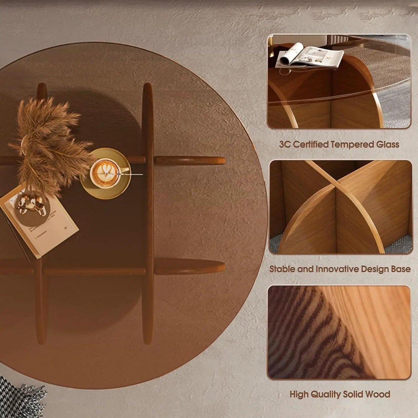 Contemporary Circular Glass Coffee Table Wooden Legs from PriceLows™