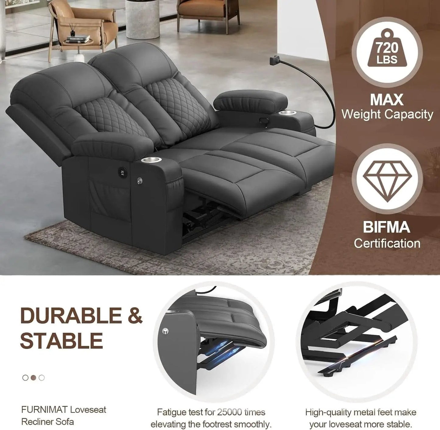 Gray PU Leather Two Seater Recliner Loveseat With USB Ports from PriceLows™