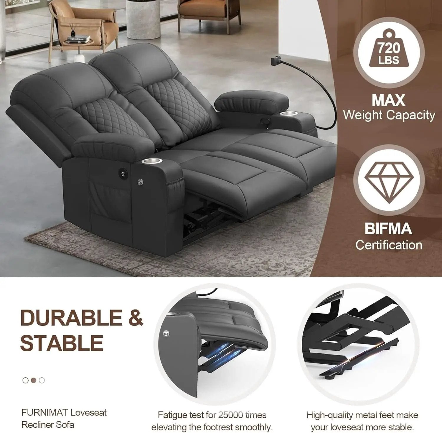 Gray PU Leather Two Seater Recliner Loveseat With USB Ports from PriceLows™
