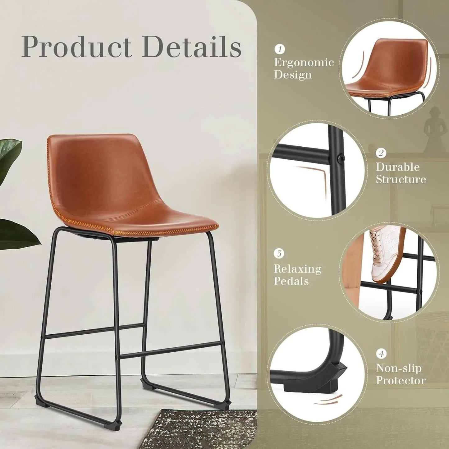 26 Inch Counter Height Bar Stools Set Of 4 With Back Brown Faux Leather And Metal Legs from PriceLows™