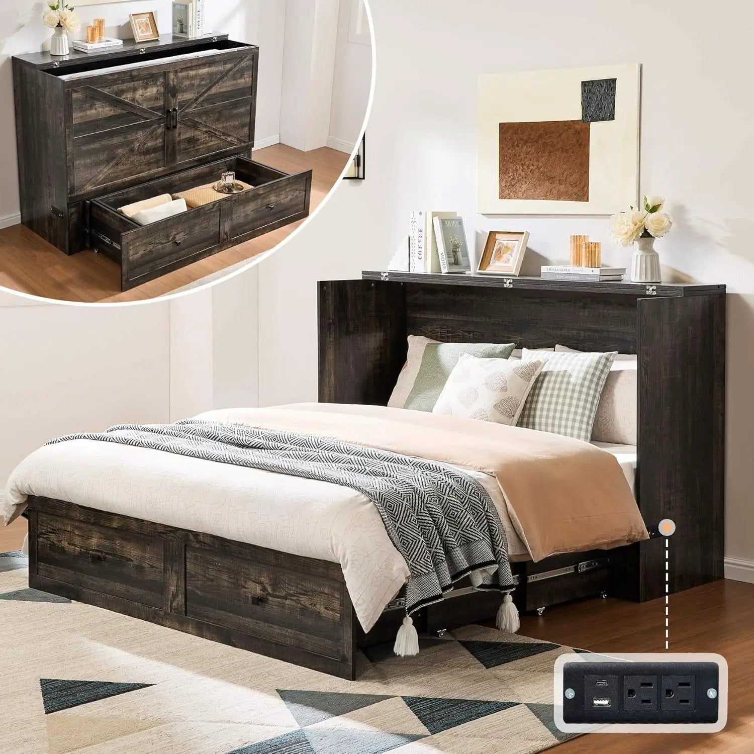 Black Oak Murphy Bed Cabinet With USB Charging Station Queen Size from PriceLows™