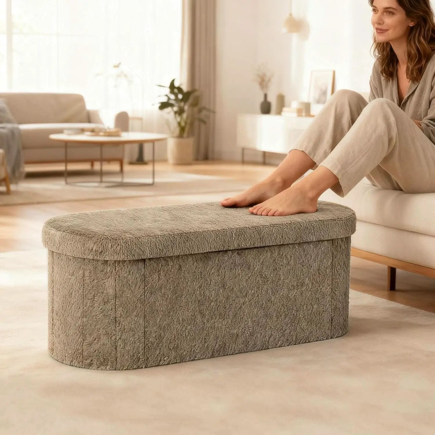 Brown 43 Inch Folding Storage Ottoman Sherpa Fabric from PriceLows™