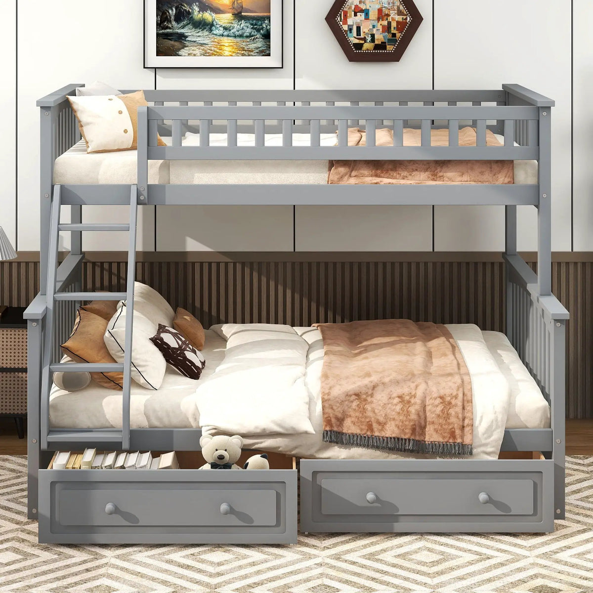 Bunk Bed With Drawers | Convertible Storage Design | Solid Pine Wood | Fence-Shaped Guardrail