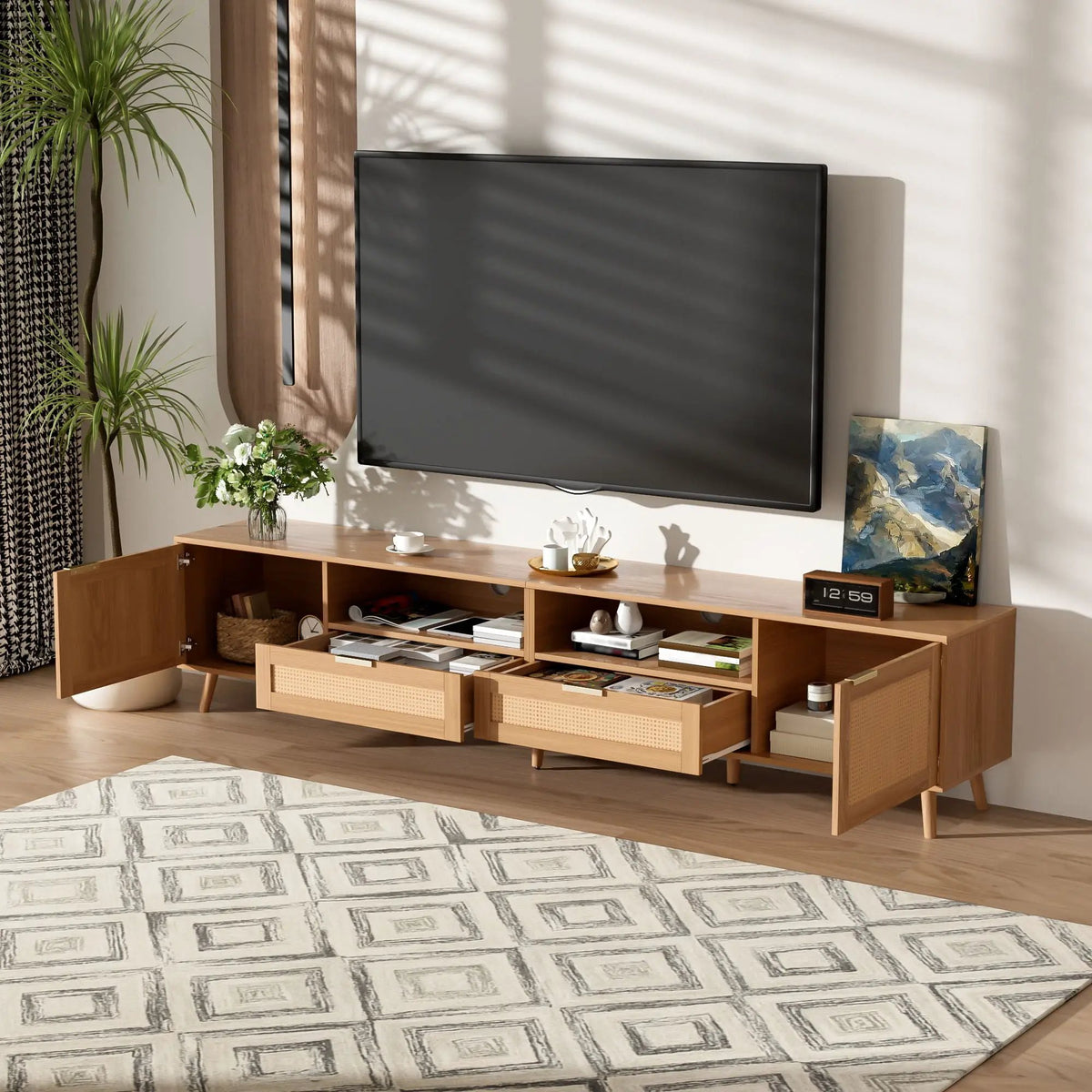 Rattan TV Stand | Media Console | Two Cabinets And Two Open Shelves | Cable Management