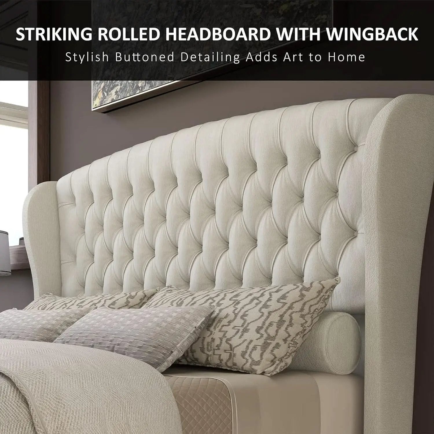 Queen Size Chenille Upholstered Sleigh Platform Bed with Button Tufted Headboard from PriceLows™