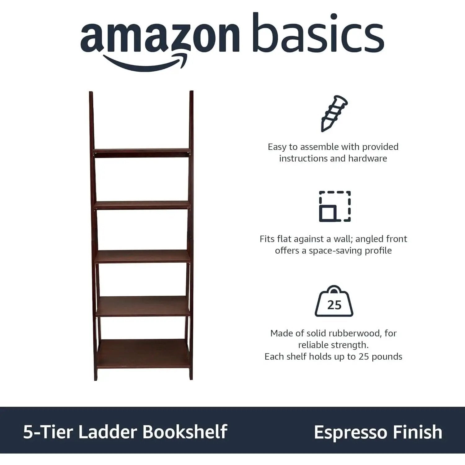 Ladder Bookshelf Organizer Espresso Rubberwood Frame 14 Inch Depth 70 Inch Tall from PriceLows™