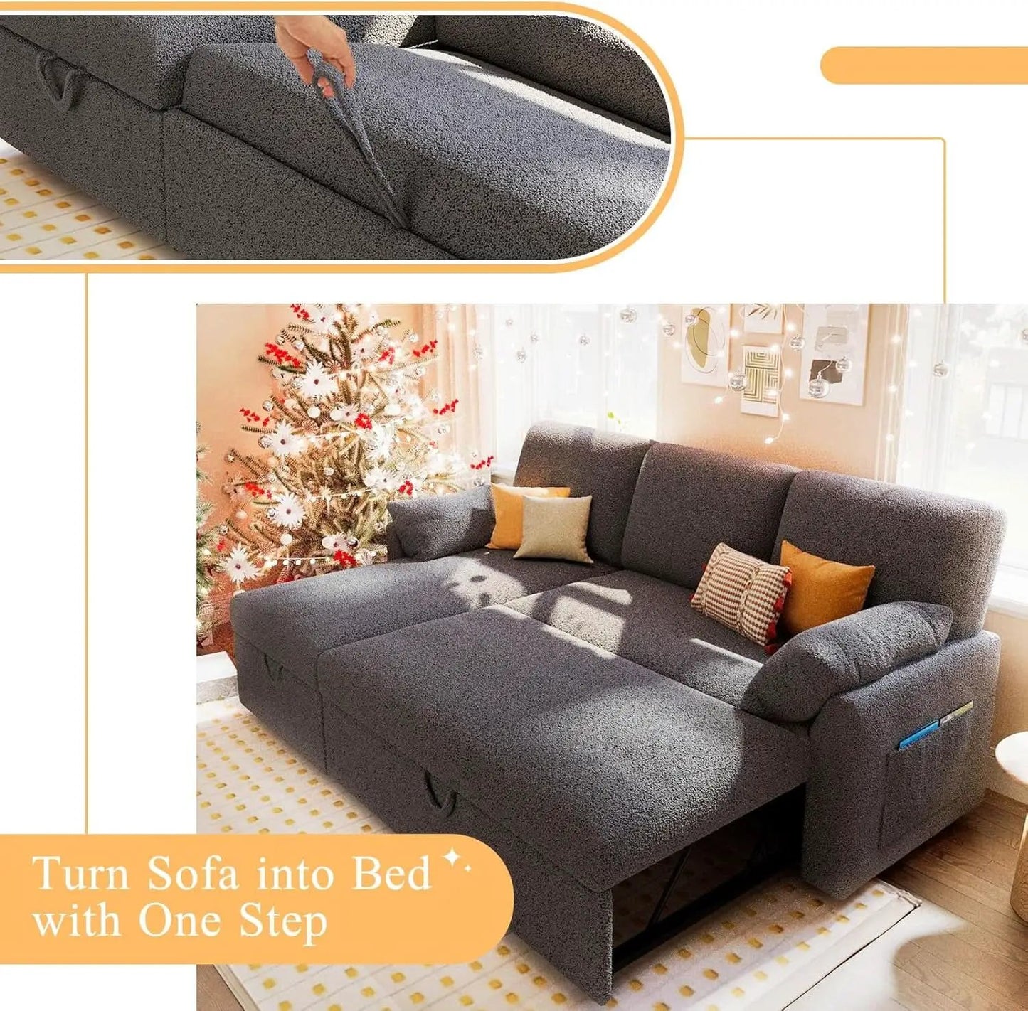 Grey Boucle Upholstered Convertible Sofa Bed Storage from PriceLows™