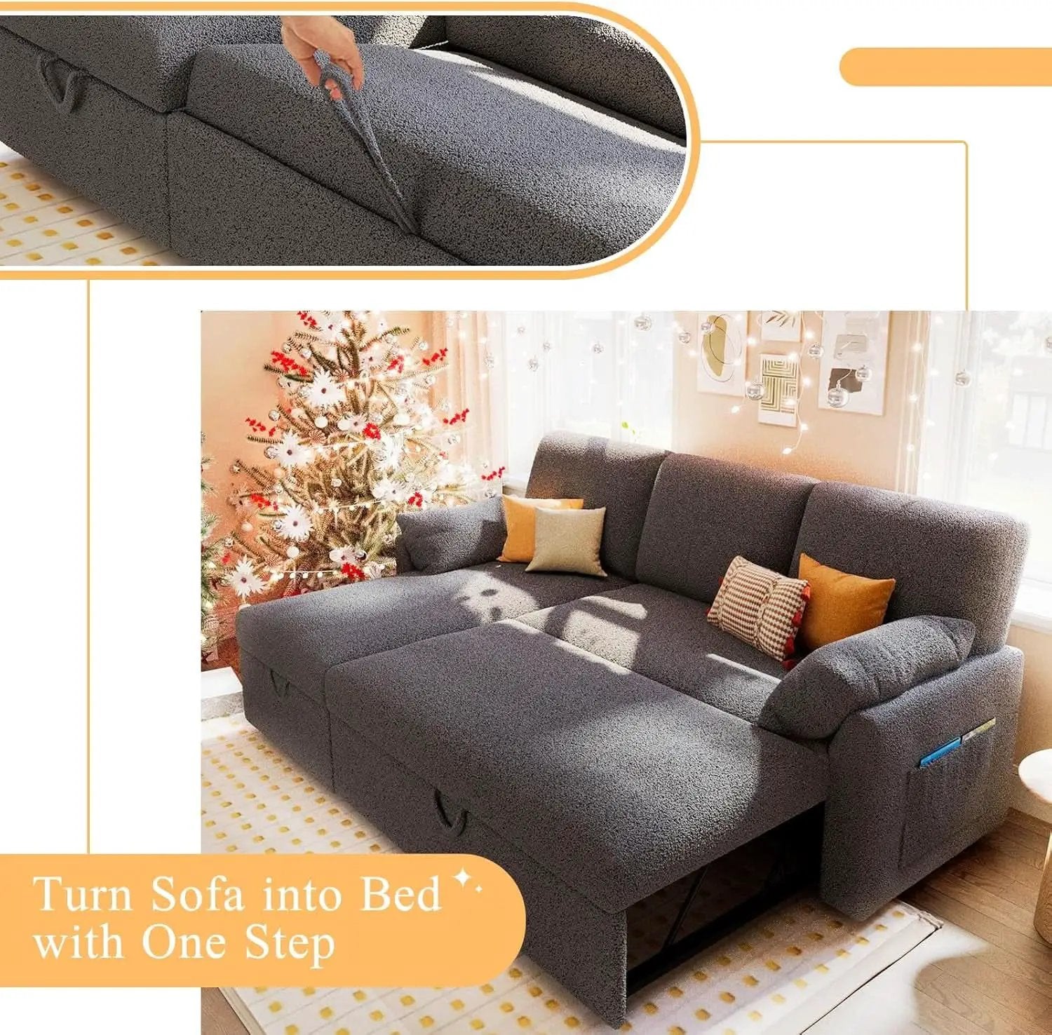 Grey Boucle Upholstered Convertible Sofa Bed Storage from PriceLows™