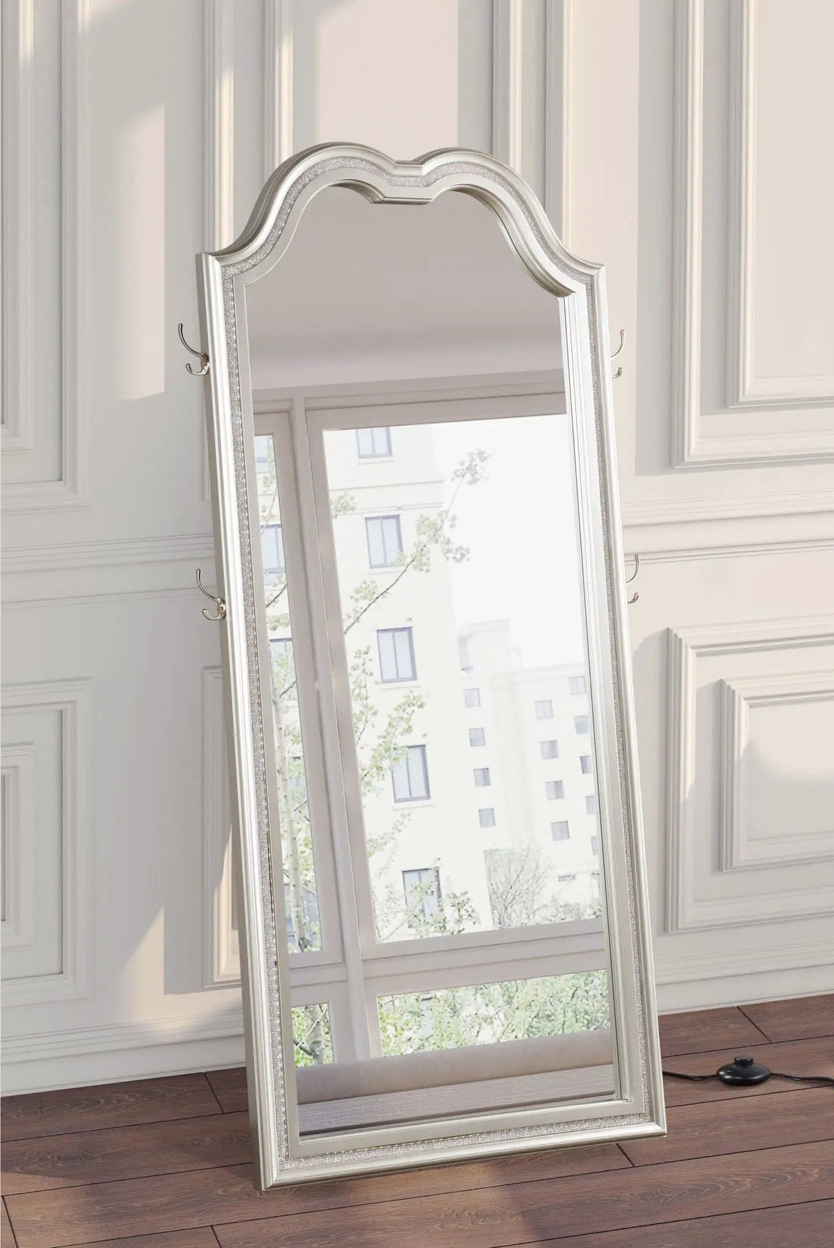 Evangeline Full Length LED Light Floor Mirror Silver | 35.75 x 2 x 80 in | Glass | Oak