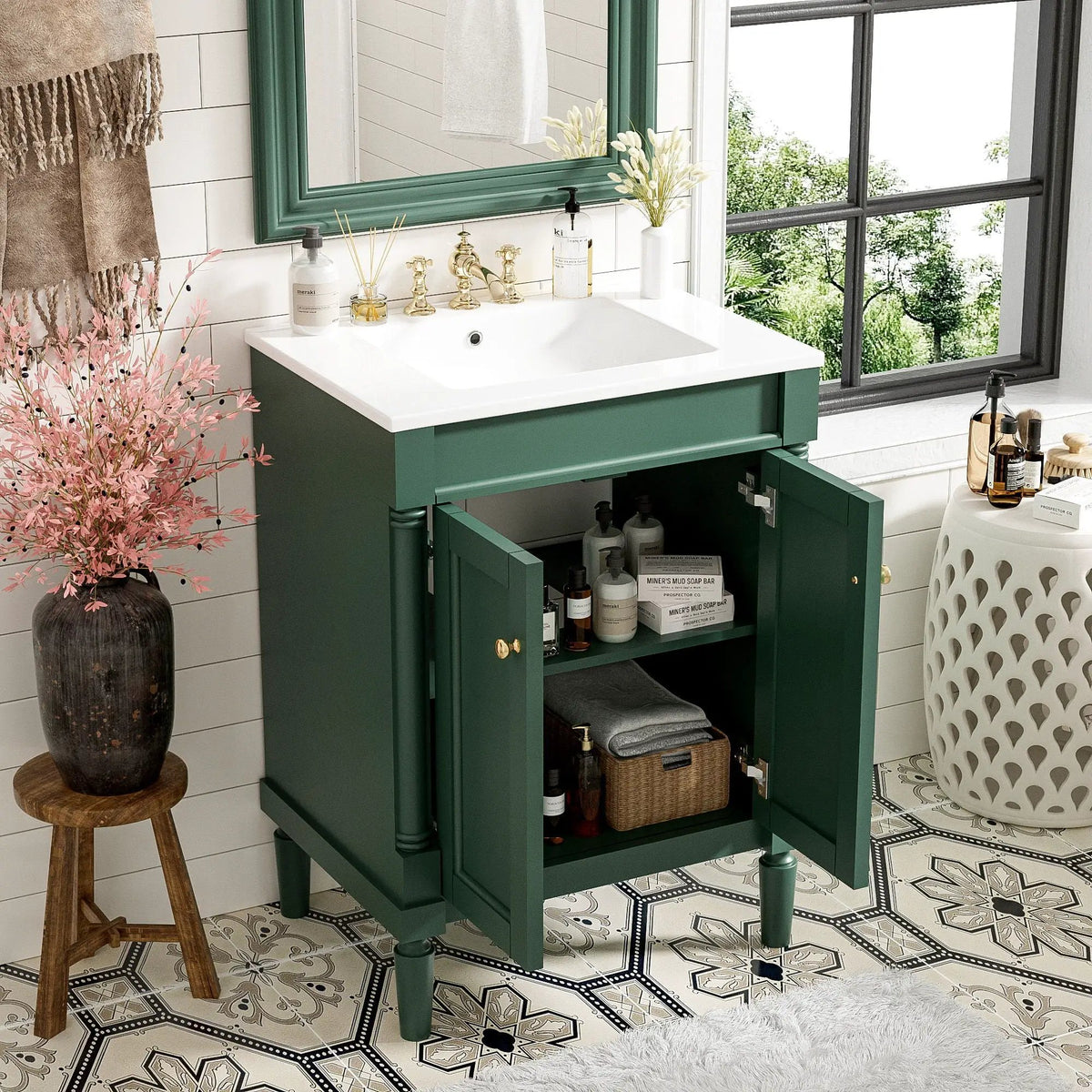 24 Inch Bathroom Vanity With Top Sink | 2 Tier Storage Cabinet | Retro Metal Handles | Soft-Closing Hinges