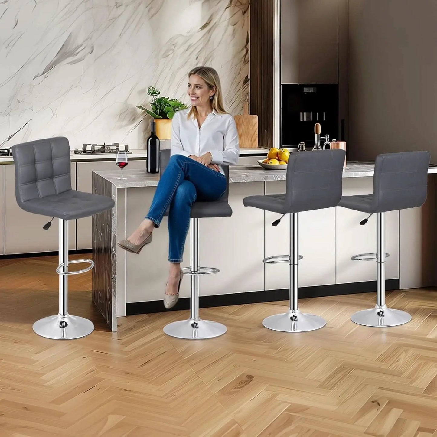 Set Of 4 Adjustable Swivel Barstools In Grey PU Leather from PriceLows™