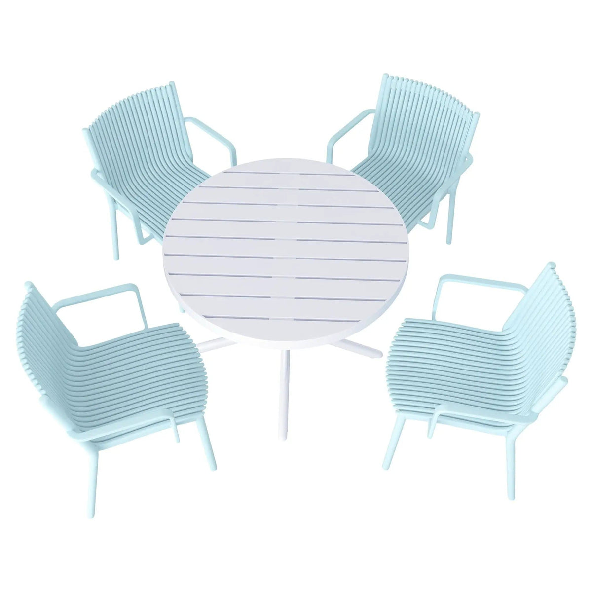 4 Modern Stackable Plastic Armchair Matched With Round Table 5 Piece Outdoor Set | 5 Piece Outdoor Set | Outdoor Living Furniture | Outdoor Living