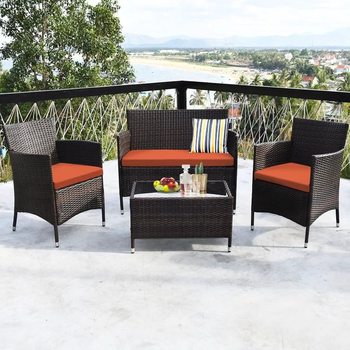 Rattan Patio Set With Cushioned Chairs And Glass Table from PriceLows™