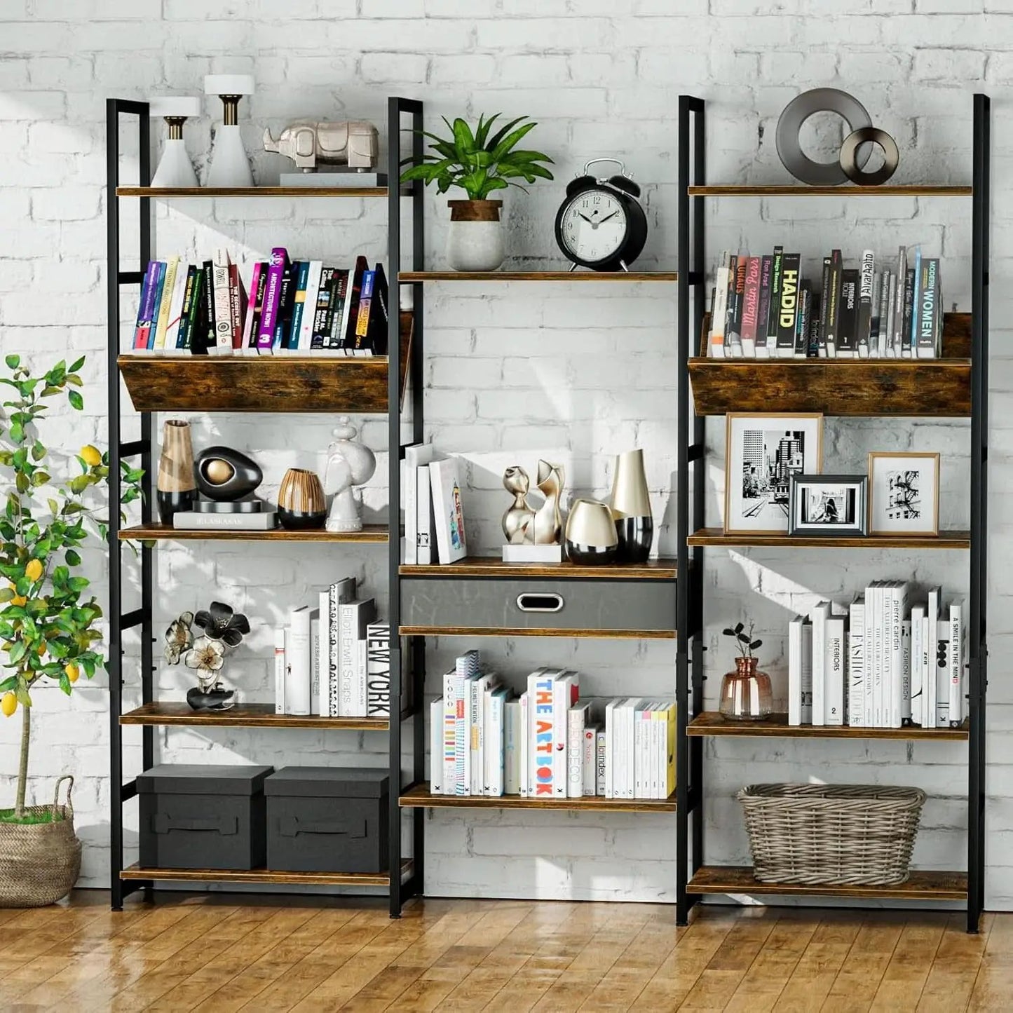 Triple Wide Five Tier Bookshelf Rustic Brown Finish from PriceLows™