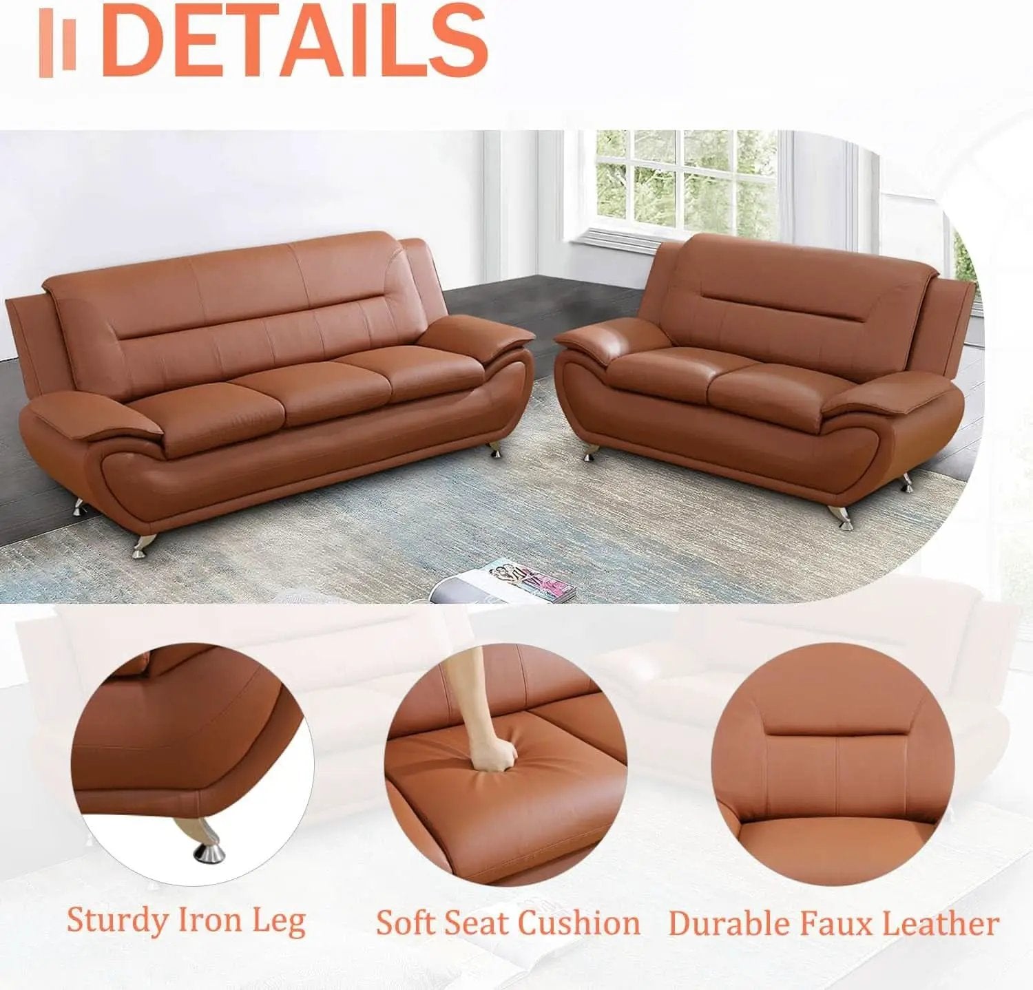 Faux Leather Two Piece Sofa Set In Orange With Wood Frame from PriceLows™