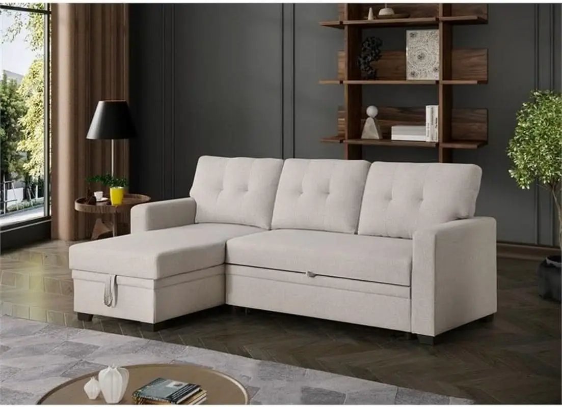 Beige L Shaped Convertible Sleeper Sectional Couch from PriceLows™