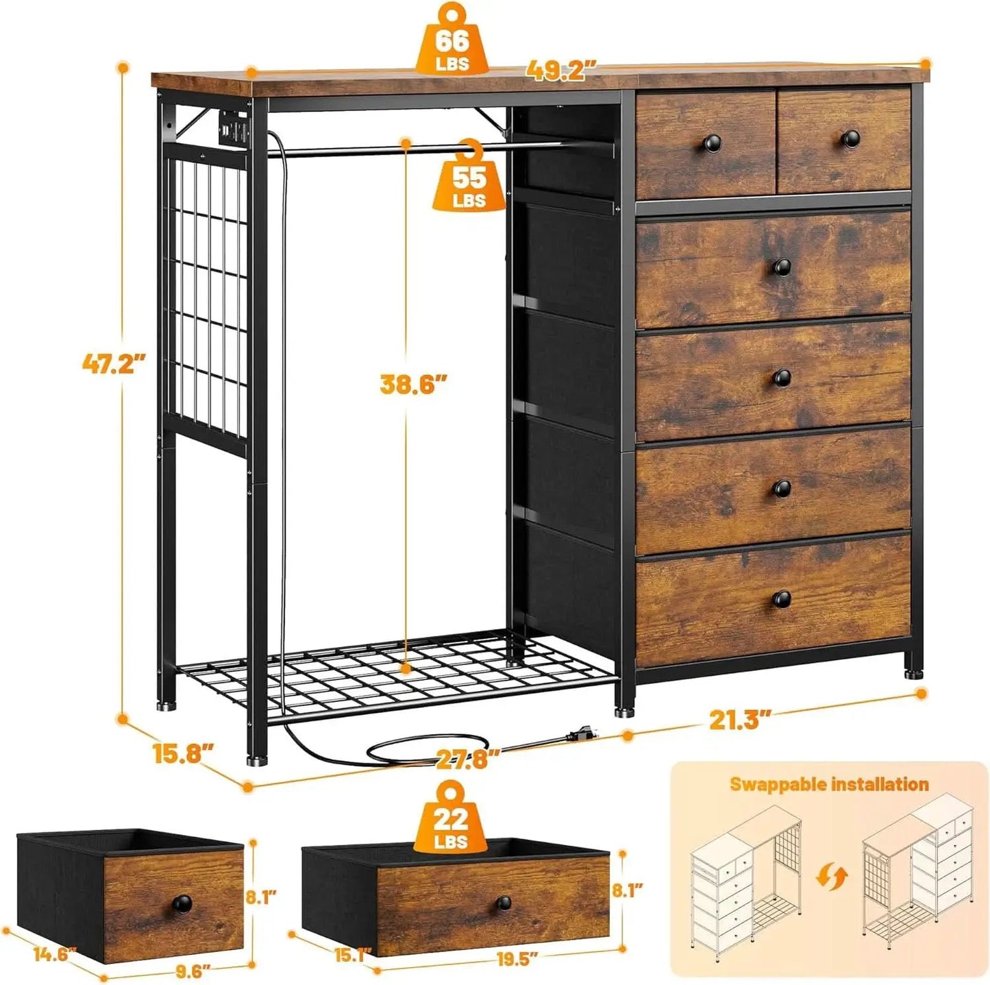 49 Inch Rustic Brown Dresser With Clothes Rack LED Lights from PriceLows™