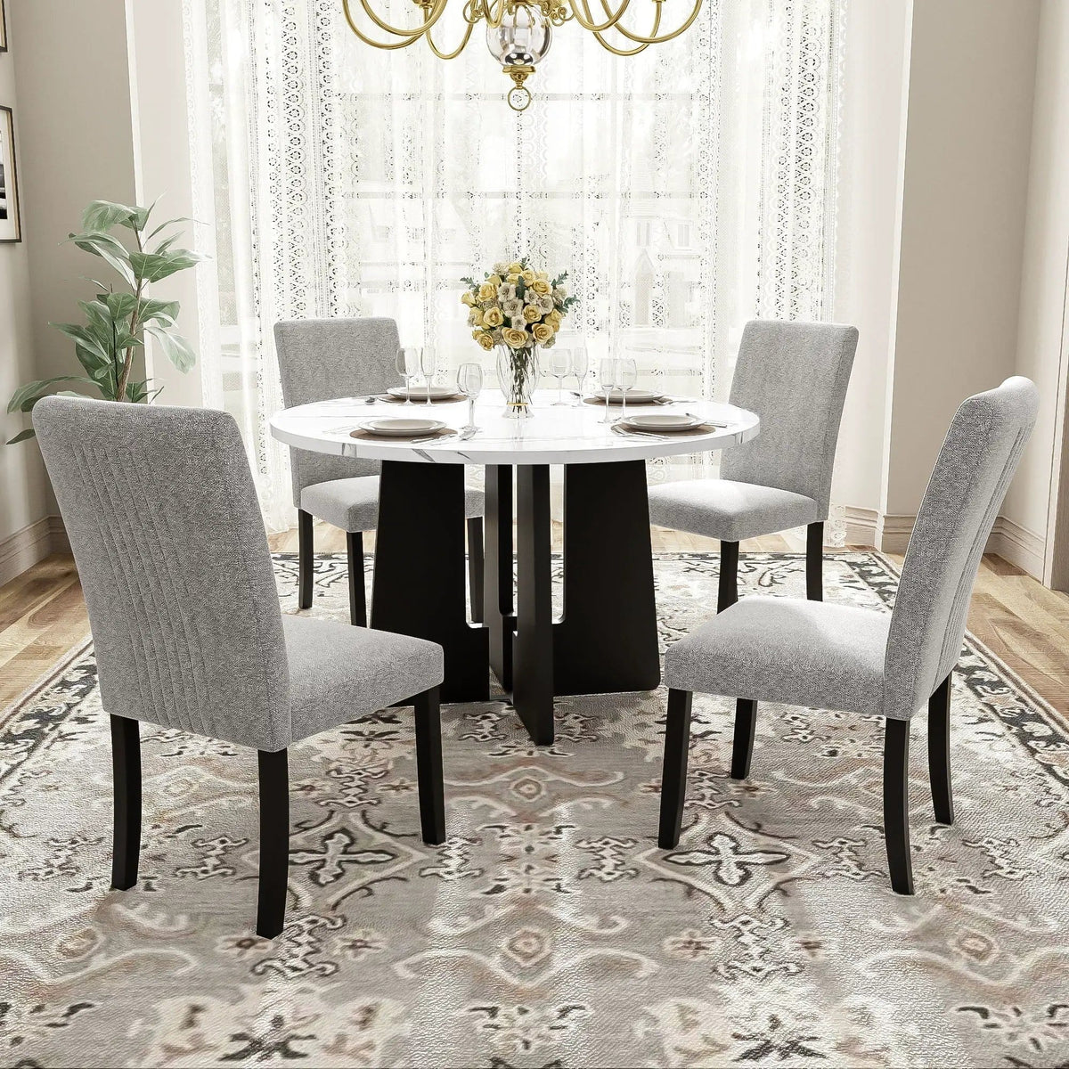 5 Piece Round Dining Table Set, Dining Table And 4 Upholstered Chairs For Dining | 5-Piece Set | Marble & Linen | Gray