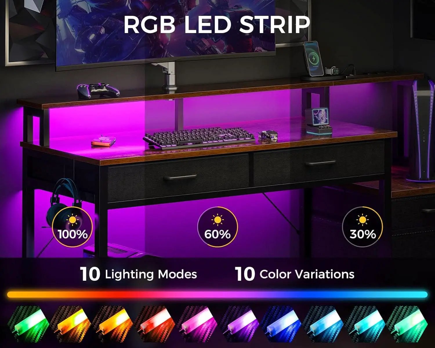 48-Inch Computer Desk With LED Strip And Power Strip from PriceLows™