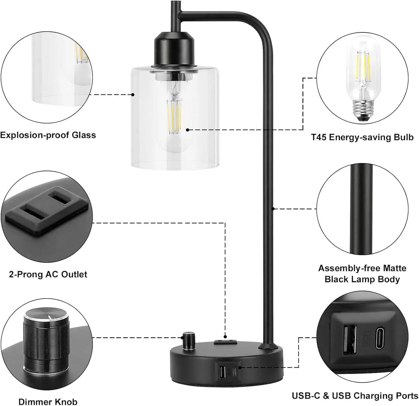 Industrial Nightstand Lamps Set of 2 Dimmable USB C Ports from PriceLows™