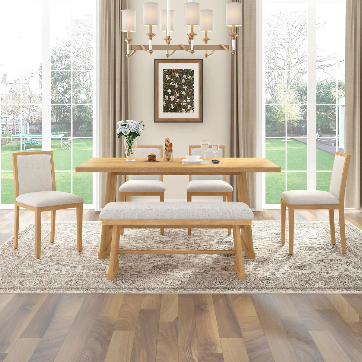 Dining Set | Rectangular Table | 4 Chairs 1 Bench | Seats 6