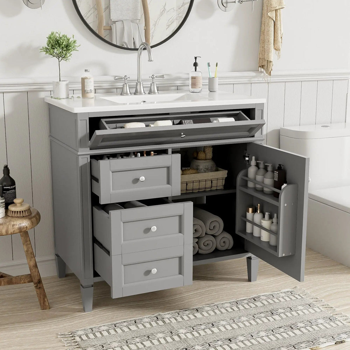 36 Inch Bathroom Vanity With Top Sink | 3 Drawers | Metal Drawer Slides | Ceramic Sink