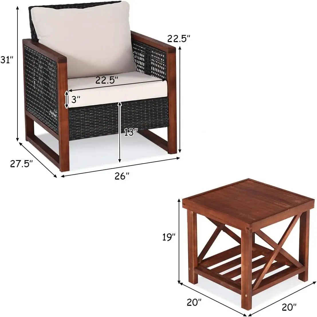 3 Piece Outdoor Patio Furniture Set With Wicker Chairs And Coffee Table Washable Cushions Acacia Wood Frame from PriceLows™