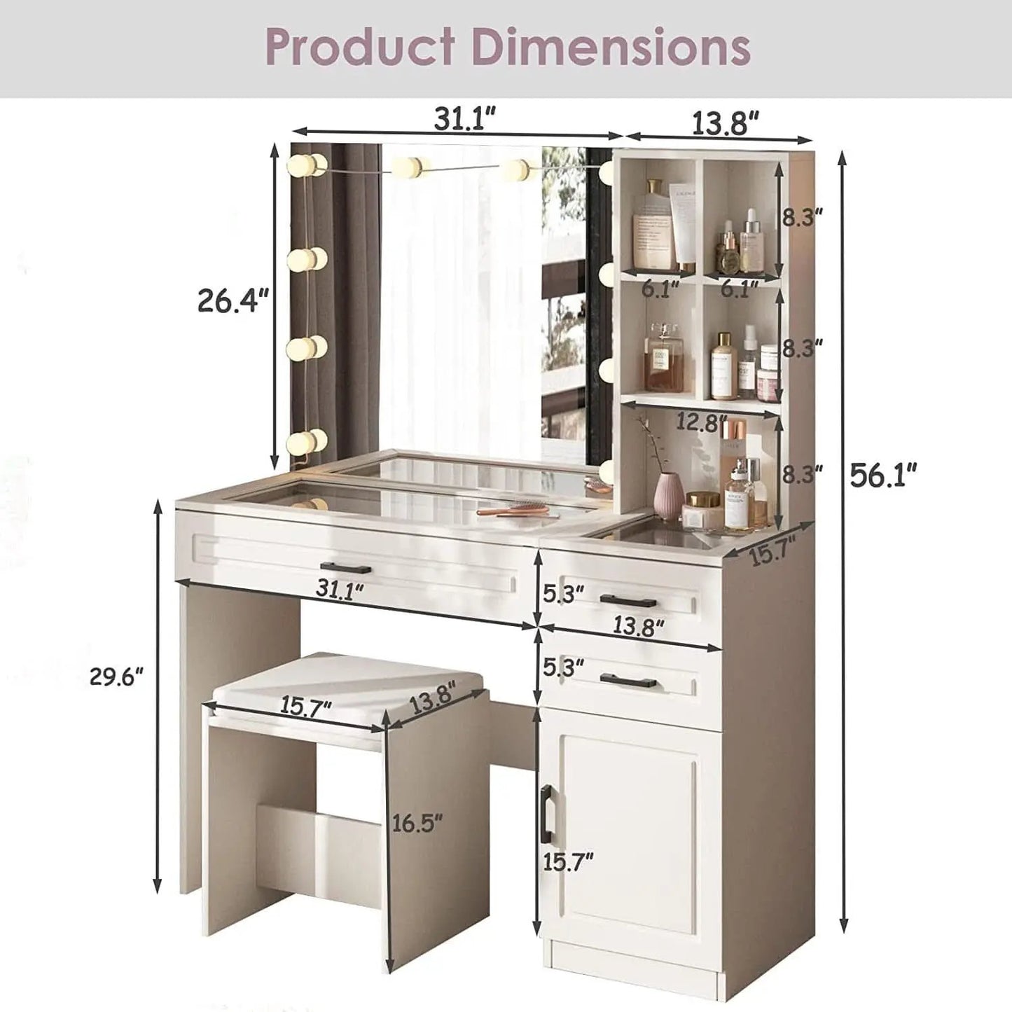 White Vanity Table Set With Glass Top Hollywood Mirror from PriceLows™