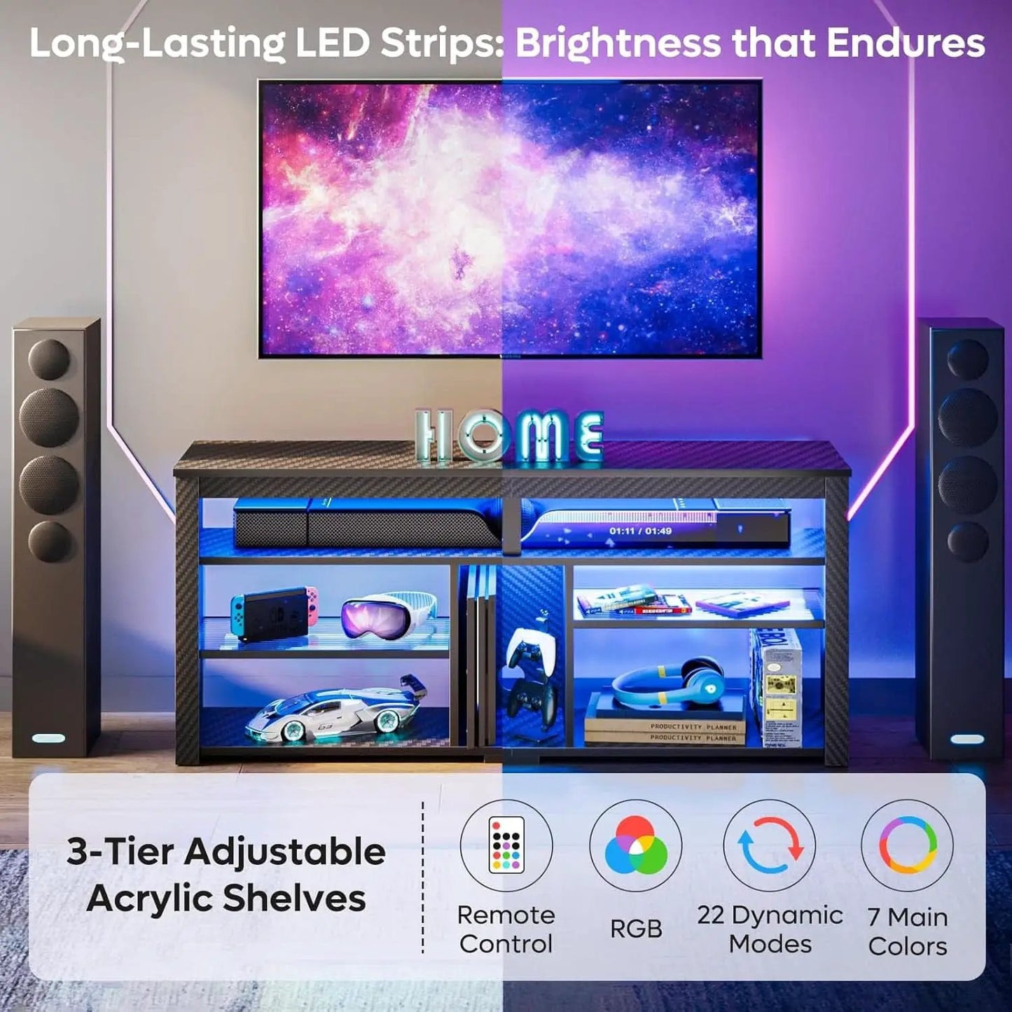 LED Tall TV Stand For 55-65 TV With Adjustable Shelves from PriceLows™