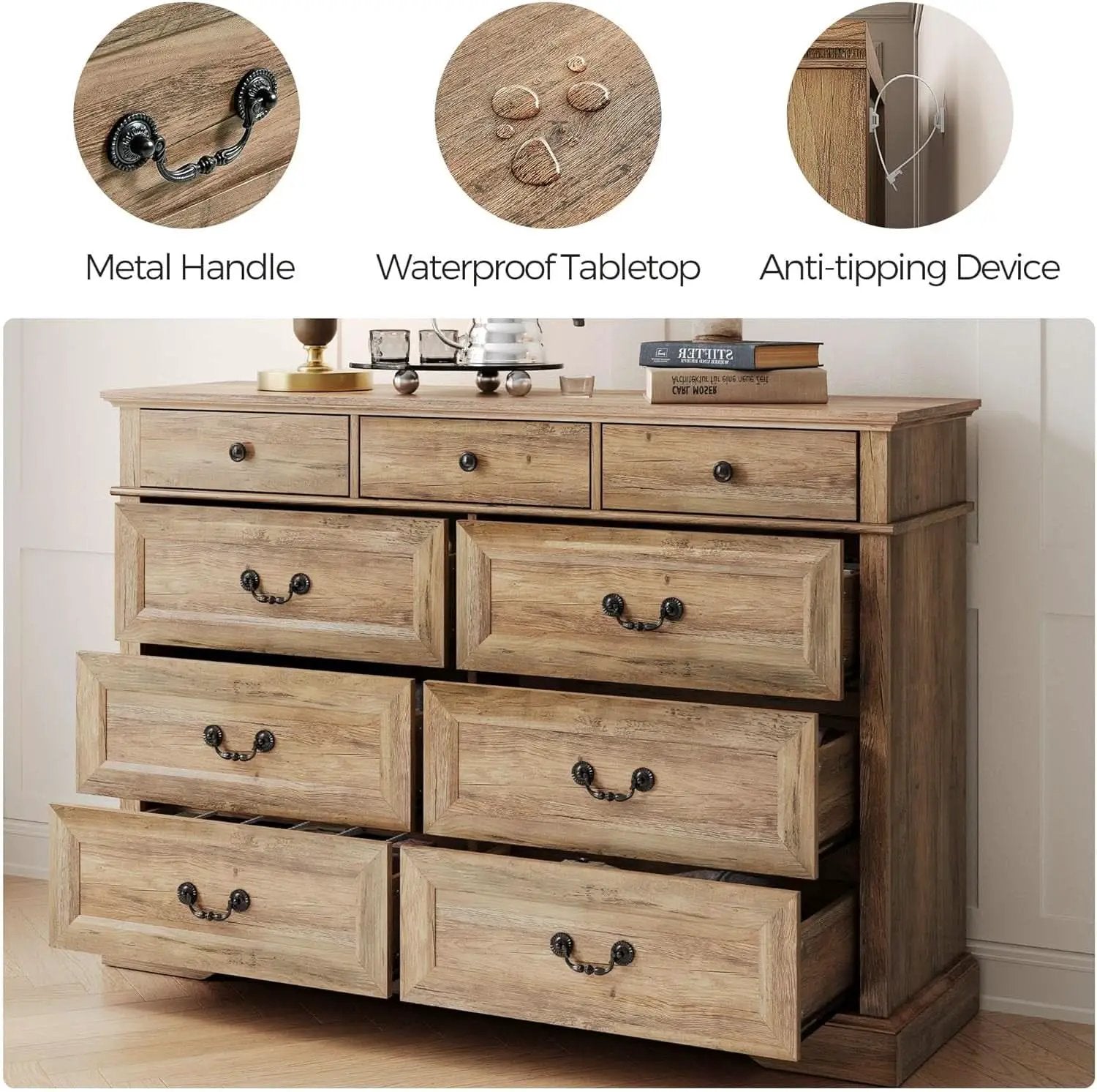 Nine Drawer Dresser Handcrafted Rustic Oakwood Finish from PriceLows™