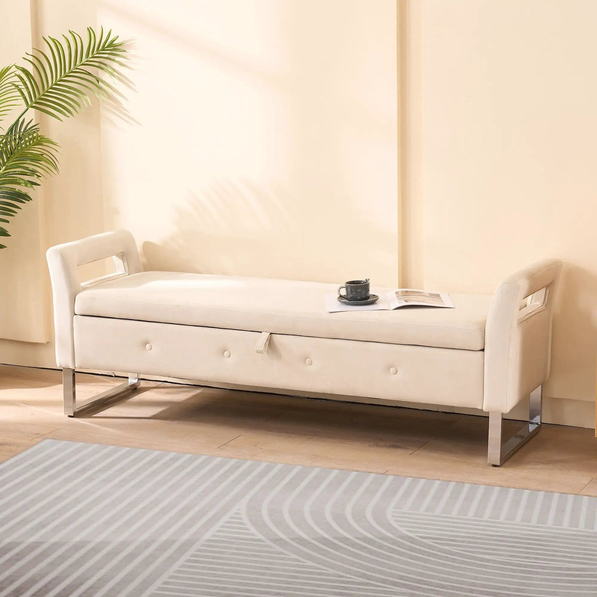 Wide Storage Soft Ottoman Bench With Armrests | Bench Ottoman | Solid Wood & Metal | Living Room