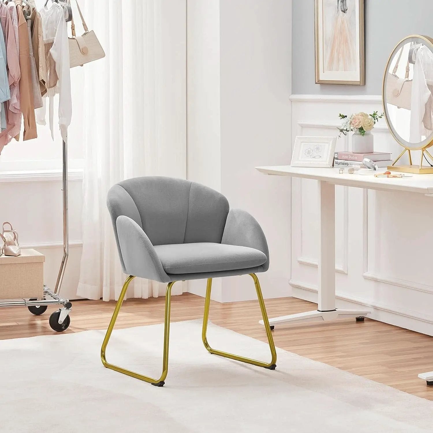 Gray Velvet Flower Shape Vanity Chair With Gold Metal Legs from PriceLows™