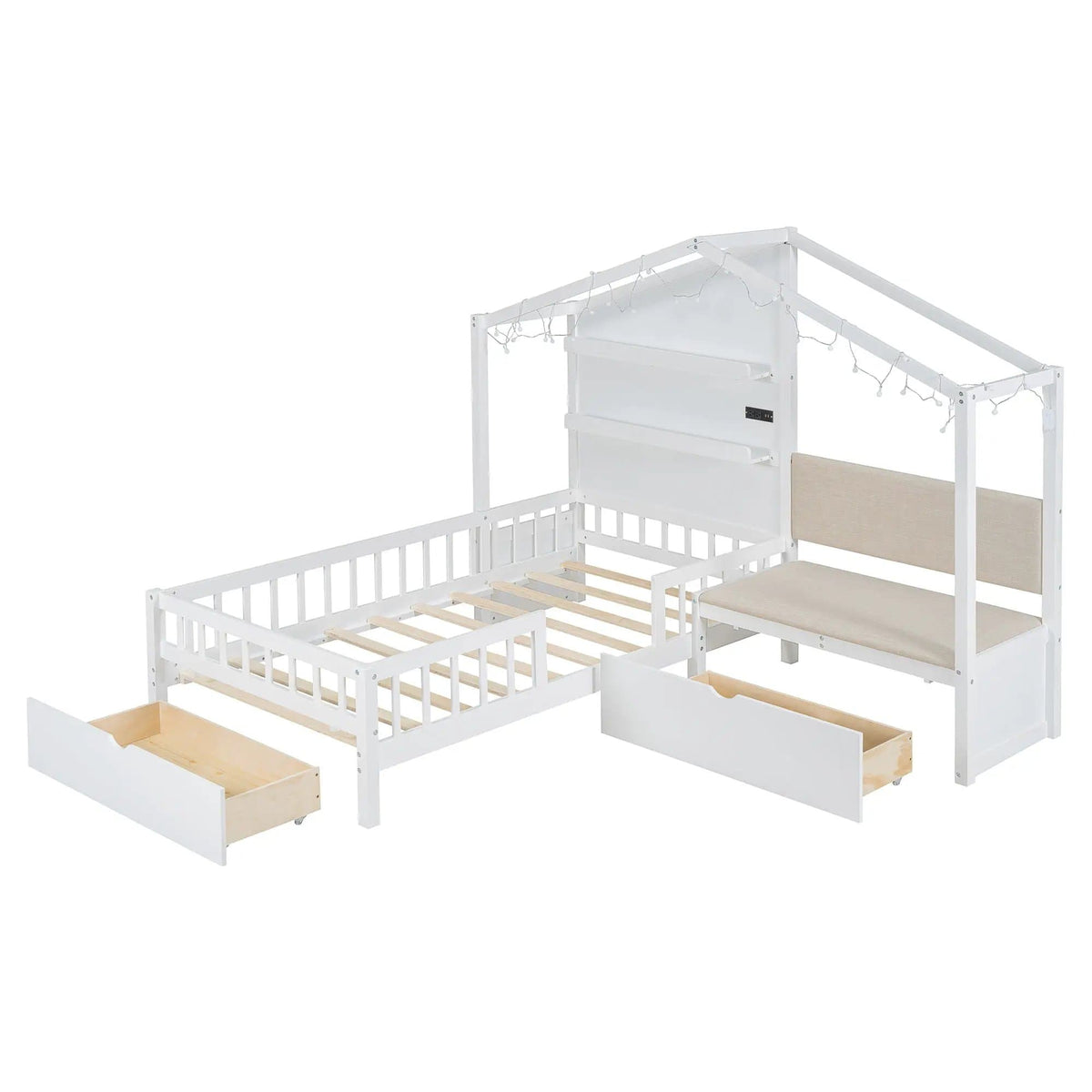 House Bed With Upholstered Sofa, Wireless Charging Station, Shelves And 2 Drawers | 2 Pieces | 2-Drawer | Bedroom