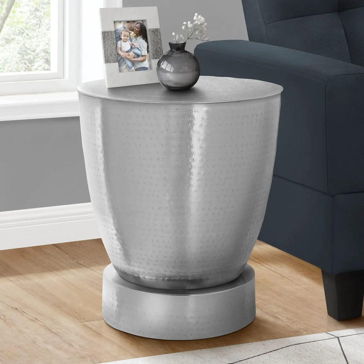Drum Accent Side Table | Hammered Metal | Boho Glam Design | 22 Inch Height
