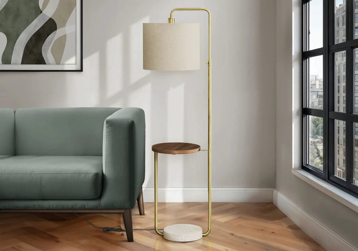 Floor Lamp With USB Port | Adjustable Arm Height | Ivory Fabric Shade | Built-In Shelf